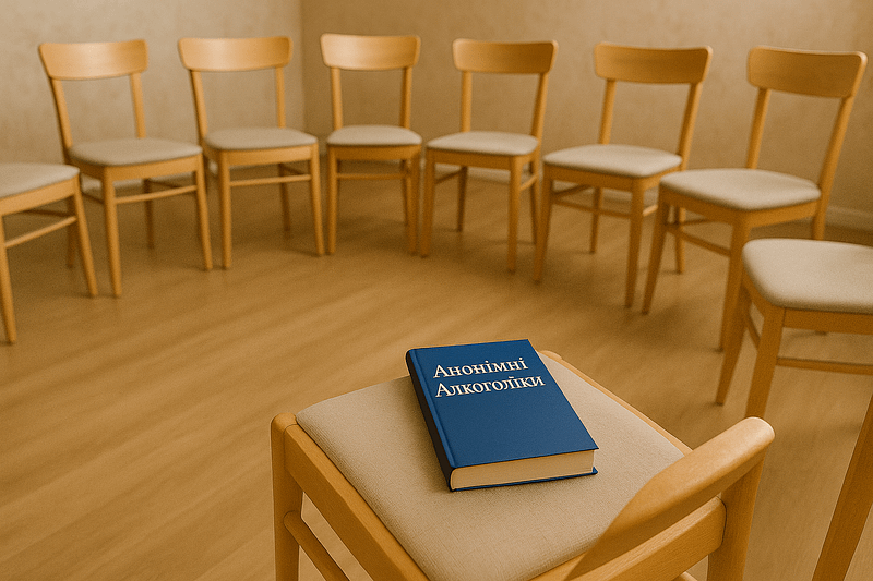 Книга Анонімні Алкоголіки на стільці у світлій кімнаті для зустрічей групи АА в Рівному
